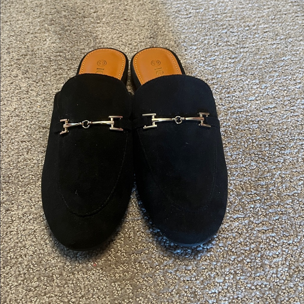 Black Suede Slip-On Mule with Silver Bit Accent - Women's